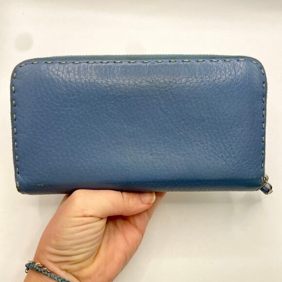 Fendi Romano Selleria Zip Around Wallet Continental Blue Calfskin Thick Stitches - Picture 7 of 15